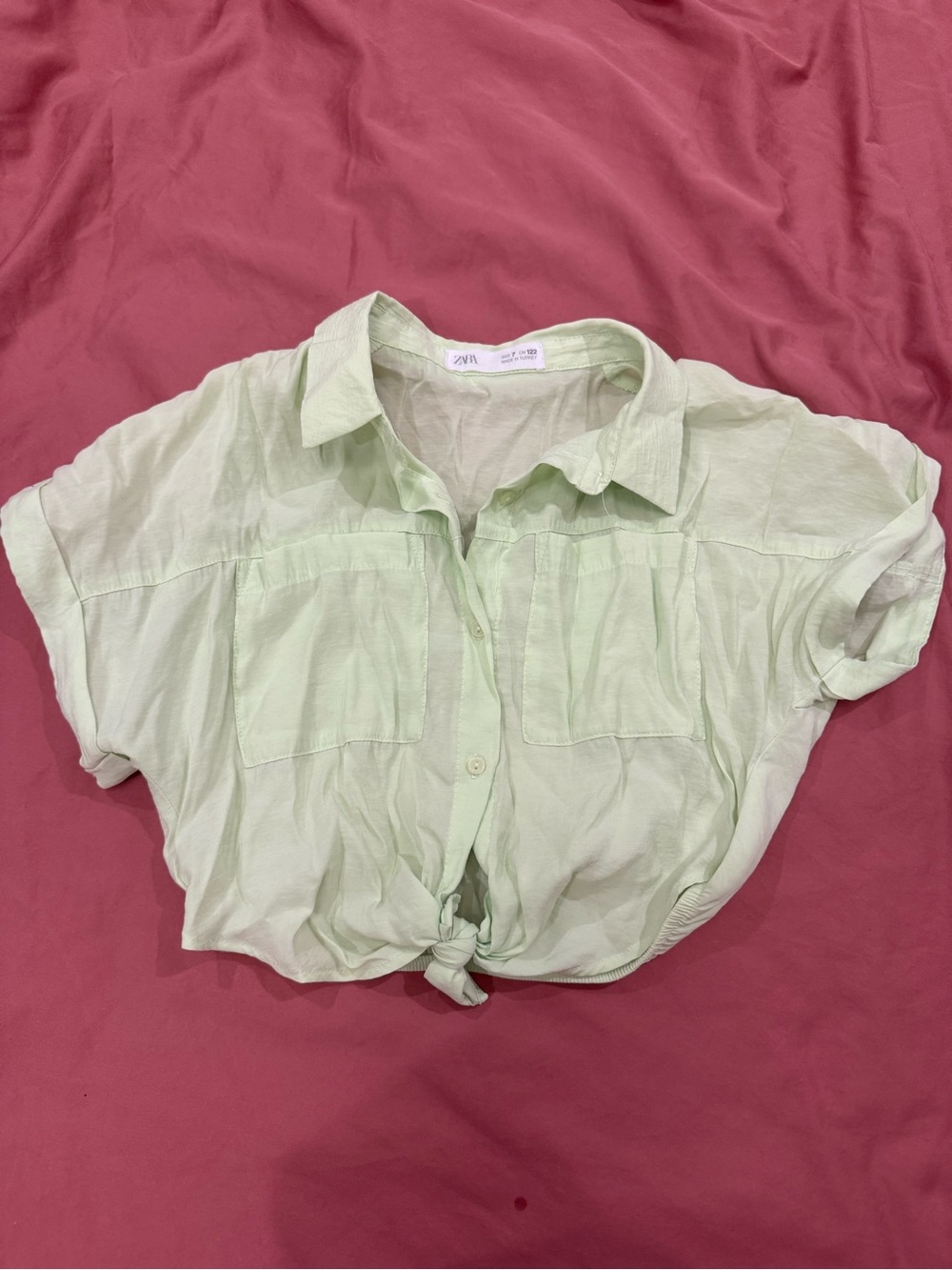 Zara Light Mint Green Tie-Front Crop Shirt